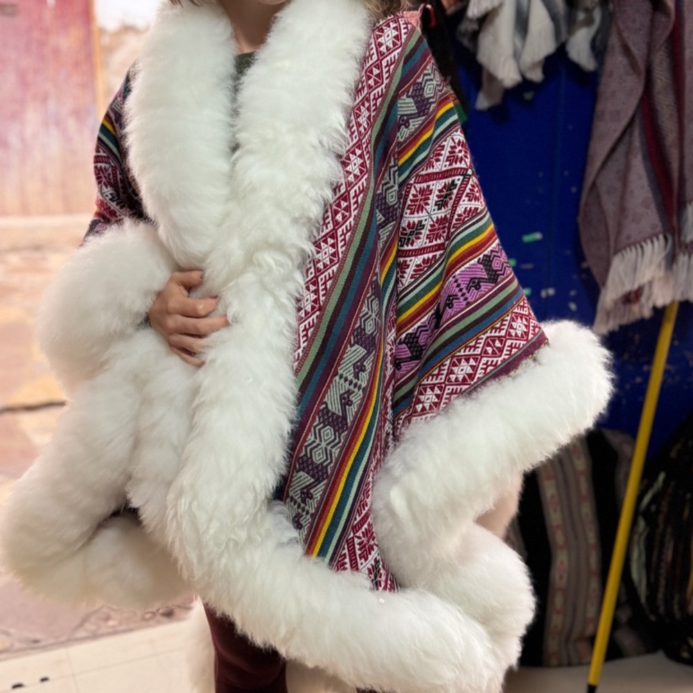 Multicolor Alpaca Cape White Fur Trim